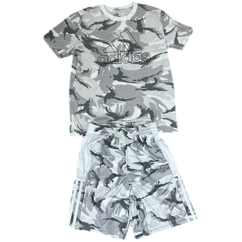 PRE-OWNED - Adidas Gray Tiger Camo T-Shirt with Matching Shorts (Medium 10/12)